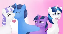 Size: 900x491 | Tagged: safe, artist:cytidine, derpibooru import, night light, shining armor, twilight sparkle, twilight velvet, brother and sister, disgusted, female, heart, husband and wife, kissing, male, mother and father, nightvelvet, parent, sparkle family, tongue out