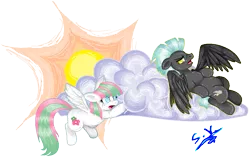 Size: 911x575 | Tagged: artist:supergirl125, bhm, blossomforth, chubby, cloud, derpibooru import, fat, lazy, let me do my job, safe, simple background, sun, thunderlane, transparent background