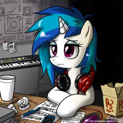 Size: 900x900 | Tagged: safe, artist:johnjoseco, derpibooru import, octavia melody, vinyl scratch, earth pony, pony, unicorn, background pony, ballpoint pen, bass cannon, cup, female, headphones, keyboard, mare, mobile phone, morning ponies, music notes, musical instrument, phone, smartphone, solo, sunglasses, synthesizer, traditional art, working