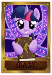 Size: 900x1276 | Tagged: safe, artist:nimaru, derpibooru import, twilight sparkle, pony, unicorn, book of harmony, female, front view, hoof hold, mare, open mouth, smiling, solo, text