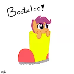 Size: 700x700 | Tagged: artist:tanmansmantan, boot, bootaloo, boots, characters inside shoes, cute, cutealoo, derpibooru import, hnnng, leaning, pun, safe, scootaloo, simple background, smiling, solo, white background, word play