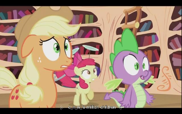 Size: 640x400 | Tagged: apple bloom, applejack, derpibooru import, golden oaks library, meme, safe, screencap, spike, the cutie pox, youtube caption