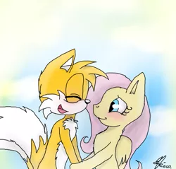 Size: 603x577 | Tagged: artist:nuggetsauris, crossover, crossover shipping, derpibooru import, female, fluttershy, fluttertails, interspecies, male, miles "tails" prower, safe, shipping, sonic the hedgehog (series), straight