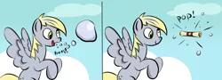 Size: 1744x627 | Tagged: safe, artist:pacce, artist:rubrony, derpibooru import, derpy hooves, pegasus, pony, background pony, bubble, burp, colored, comic, female, filly, letter, mare, scroll, solo, wavy mouth