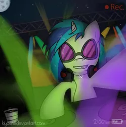 Size: 618x621 | Tagged: safe, artist:kiyoshiii, derpibooru import, vinyl scratch, pony, unicorn, camera shot, concert, headphones, solo, speakers, turntable