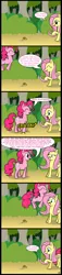 Size: 670x2950 | Tagged: artist needed, safe, derpibooru import, fluttershy, pinkie pie, earth pony, pegasus, pony, snail, comic, dialogue, duo, emotional spectrum, female, forest, mare, outdoors, pronking, speech bubble