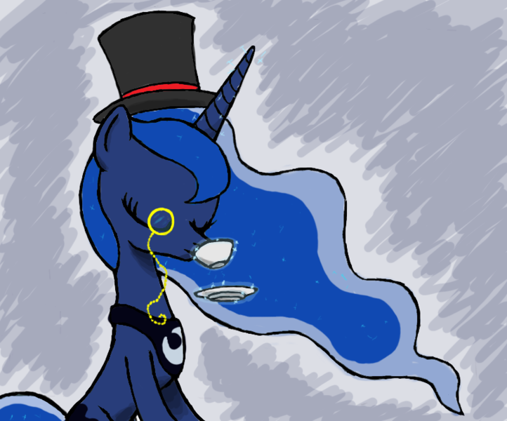 Size: 801x666 | Tagged: artist:supervillain6, british, derpibooru import, hat, monocle, monocle and top hat, princess luna, safe, solo, tea, top hat