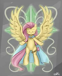 Size: 1461x1800 | Tagged: safe, artist:speccysy, derpibooru import, fluttershy, pony, bipedal, cloak, clothes, cross, eyes closed, solo, spread wings