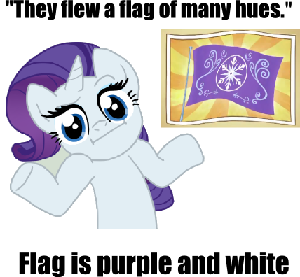 Size: 428x396 | Tagged: safe, artist:gitterypencils, derpibooru import, rarity, pony, unicorn, the crystal empire, spoiler:s03, :i, confused, crystal empire, crystal empire flag, female, flag, logic, looking at you, mare, purple, shrug, shrugpony, similarities, text, white