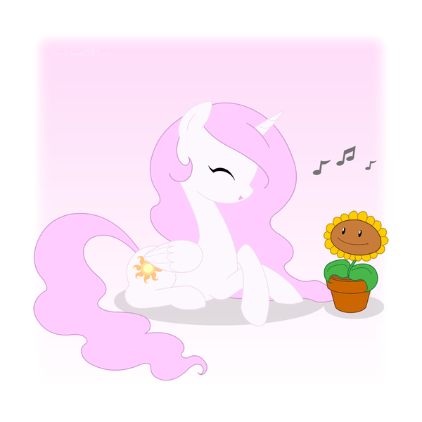 Size: 1000x1000 | Tagged: safe, artist:jdan-s, derpibooru import, princess celestia, alicorn, pony, abstract background, cewestia, crossover, female, filly, flower, mare, music notes, pink-mane celestia, plants vs zombies, prone, simple background, smiling, sunflower, white background, younger