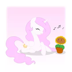Size: 1000x1000 | Tagged: safe, artist:jdan-s, derpibooru import, princess celestia, alicorn, pony, abstract background, cewestia, crossover, female, filly, flower, mare, music notes, pink-mane celestia, plants vs zombies, prone, simple background, smiling, sunflower, white background, younger