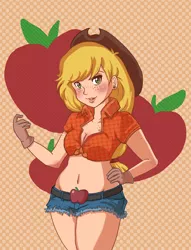 Size: 800x1049 | Tagged: applejack, artist:michielynn, belly button, belt, body freckles, breasts, chest freckles, clothes, daisy dukes, derpibooru import, female, freckles, front knot midriff, gloves, humanized, midriff, solo, solo female, suggestive