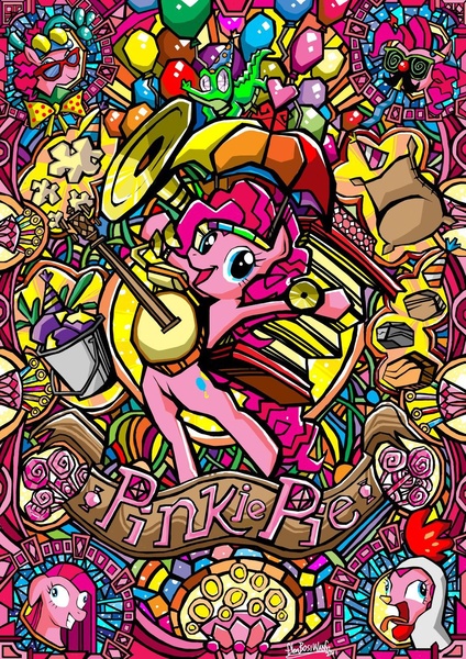 Size: 900x1273 | Tagged: safe, artist:glenbw, derpibooru import, gummy, madame le flour, pinkie pie, earth pony, pony, party of one, banjo, collage, costume, disguise, female, hat, mare, musical instrument, pinkamena diane pie, stained glass, umbrella hat