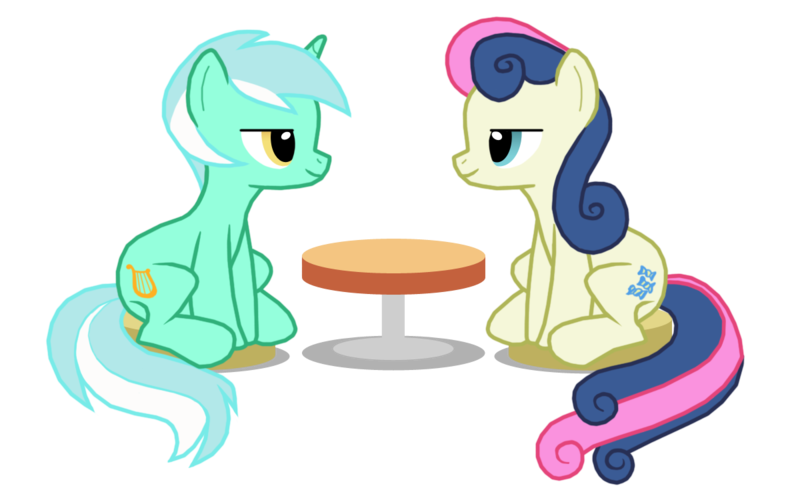 Size: 1200x747 | Tagged: safe, artist:thelastgherkin, derpibooru import, bon bon, lyra heartstrings, sweetie drops, female, lesbian, lyrabon, shipping, table