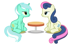 Size: 1200x747 | Tagged: safe, artist:thelastgherkin, derpibooru import, bon bon, lyra heartstrings, sweetie drops, female, lesbian, lyrabon, shipping, table