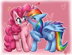 Size: 1387x1069 | Tagged: safe, artist:mahoxyshoujo, derpibooru import, pinkie pie, rainbow dash, earth pony, pegasus, pony, :<, :p, blushing, cute, dashabetes, diapinkes, eyes closed, face licking, female, floppy ears, fluffy, heart, image, kissing, lesbian, licking, love, mare, pinkiedash, png, raised hoof, shipping, spread wings, surprised, tongue out, wide eyes