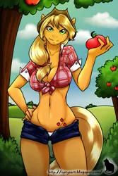 Size: 1337x2000 | Tagged: anthro, apple, applejack, artist:natysart, belly button, breasts, busty applejack, clothes, curvy, derpibooru import, female, food, front knot midriff, midriff, panties, shorts, solo, solo female, suggestive, underwear