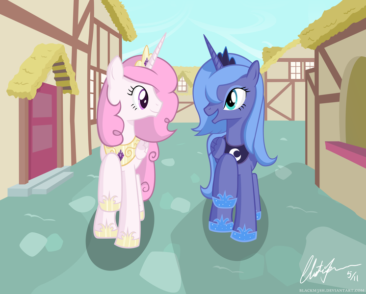 Size: 4970x4000 | Tagged: safe, artist:blackm3sh, derpibooru import, princess celestia, princess luna, alicorn, pony, absurd resolution, duo, duo female, female, filly, pink-mane celestia, s1 luna, sisters, slice of life, young, younger