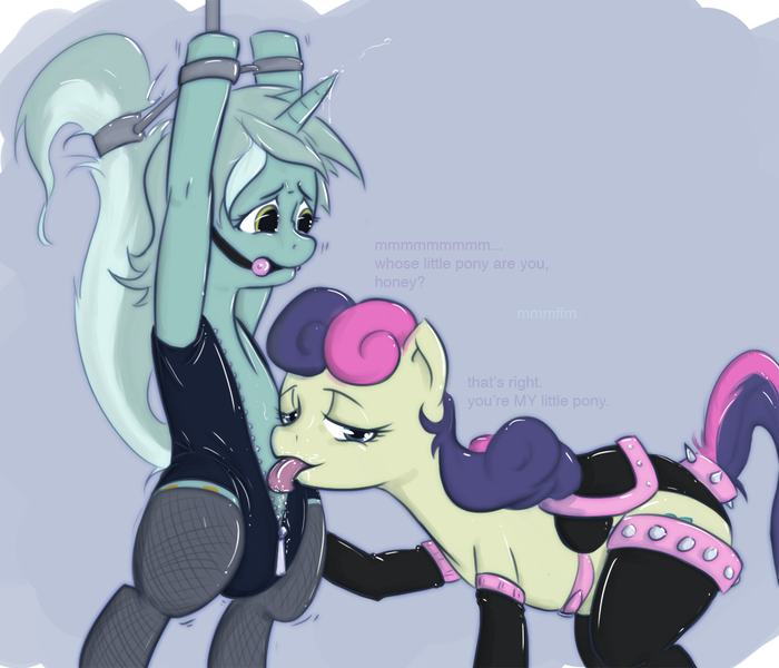 Size: 1050x900 | Tagged: questionable, artist:dovne, derpibooru import, ponibooru import, bon bon, lyra heartstrings, sweetie drops, earth pony, pony, unicorn, bit gag, bon dom, bondage, bondom, clothes, female, gag, horngasm, latex, lesbian, licking, lyrabon, lyrasub, magical unicorn mayonnaise, mare, orgasm, raised tail, saddle, shipping, stockings, title drop