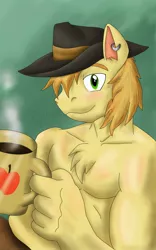 Size: 874x1398 | Tagged: anthro, artist:flameydragwasp, bare chest, braeburn, clothes, derpibooru import, furry, male, muscles, suggestive, topless