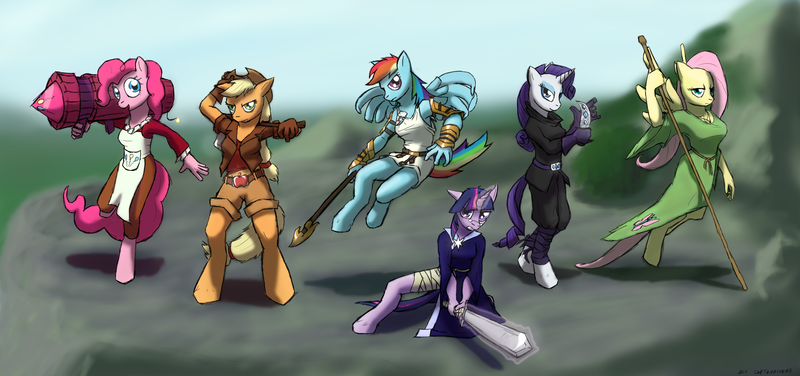 Size: 4250x2000 | Tagged: adventuring party, anthro, applejack, artist:captainhoers, badass, clothes, dagger, derpibooru import, fantasy, fantasy class, flutterbadass, fluttershy, gloves, mane six, one of these things is not like the others, pinkie pie, rainbow dash, rarity, rocket launcher, safe, staff, sword, twilight sparkle, weapon