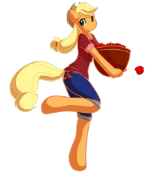 Size: 982x1107 | Tagged: anthro, apple, applejack, artist:mewglethewolf, derpibooru import, food, safe, simple background, solo, unguligrade anthro