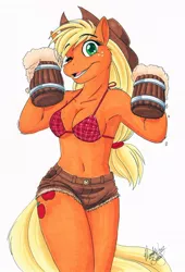 Size: 636x937 | Tagged: anthro, applejack, armpits, artist:mandyseley, belly button, bikini, breasts, busty applejack, cider, clothes, derpibooru import, female, plaid swimsuit, red swimsuit, solo, solo female, suggestive, swimsuit, wink