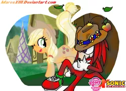 Size: 900x654 | Tagged: applejack, appleknux, artist:maroxxiii, crossover, crossover shipping, derpibooru import, female, interspecies, knuckles the echidna, love, male, safe, shipping, sonic the hedgehog (series), straight