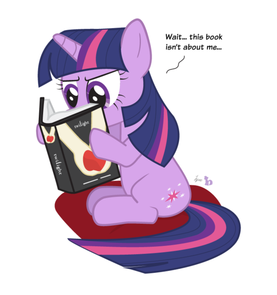 Size: 700x745 | Tagged: safe, artist:dm29, derpibooru import, twilight sparkle, pony, unicorn, book, dialogue, female, mare, namesake, reading, simple background, solo, transparent background, twilight (series), unicorn twilight