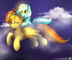 Size: 3000x2500 | Tagged: safe, artist:spittfireart, derpibooru import, lyra heartstrings, spitfire, pegasus, pony, unicorn, cloud, female, filly, filly lyra, flying, high res, ponies riding ponies, starry night, younger