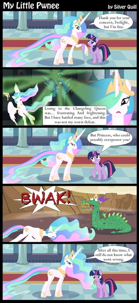 Size: 1000x2180 | Tagged: safe, artist:mlp-silver-quill, derpibooru import, crackle, princess celestia, queen chrysalis, twilight sparkle, alicorn, changeling, changeling queen, dragon, pony, unicorn, comic, dialogue, female, funny, mare, speech bubble, unicorn twilight, uselesstia