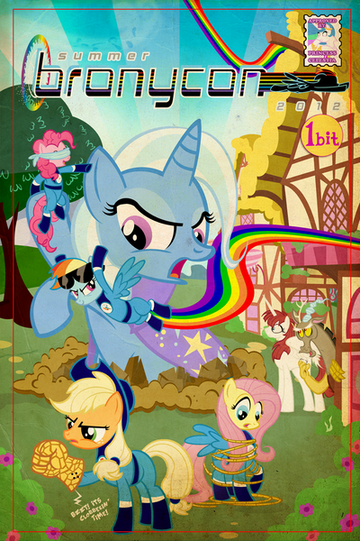 Size: 800x1200 | Tagged: safe, artist:pixelkitties, derpibooru import, applejack, discord, fluttershy, pinkie pie, rainbow dash, trixie, oc, oc:fausticorn, alicorn, pony, alicorn oc, blindfold, fantastic four, lauren faust, sunglasses, tangled up