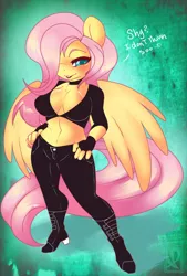 Size: 572x848 | Tagged: anthro, artist:yuuri, belly button, blushing, boots, breasts, busty fluttershy, clothes, curvy, derpibooru import, fingerless gloves, fluttershy, gloves, midriff, pants, shoes, suggestive