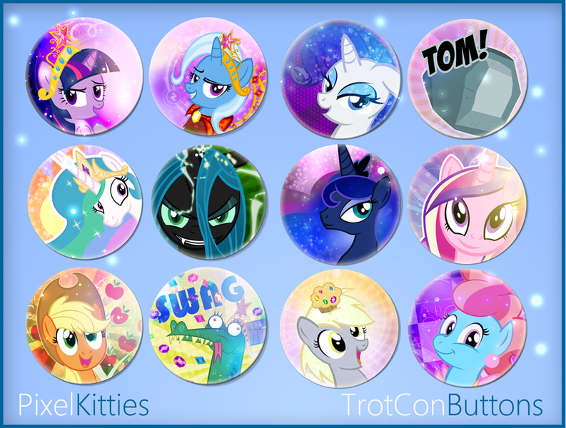 Size: 900x681 | Tagged: safe, artist:pixelkitties, derpibooru import, derpy hooves, princess celestia, princess luna, rarity, tom, trixie, twilight sparkle, pegasus, pony, buttons, female, mare, merchandise