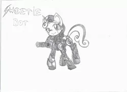 Size: 3510x2550 | Tagged: safe, artist:noideasfornicknames, derpibooru import, sweetie belle, pony, robot, robot pony, unicorn, black and white, female, filly, foal, grayscale, gun, high res, hooves, horn, looking at you, machine gun, minigun, monochrome, simple background, solo, sweetie bot, text, weapon, white background