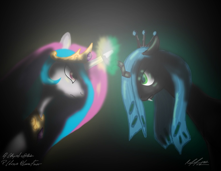 Size: 3850x2975 | Tagged: safe, artist:afl316, derpibooru import, princess celestia, queen chrysalis, alicorn, changeling, changeling queen, pony, dark, fangs, female, fight, frown, high res, image, jpeg, looking at each other, magic, mare, signature, vs.