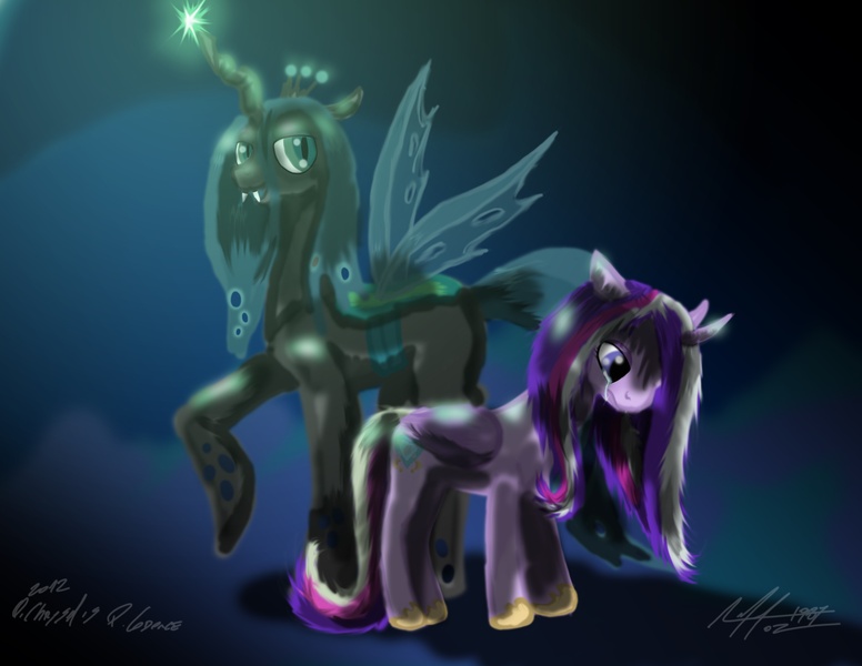 Size: 3850x2975 | Tagged: safe, artist:afl316, derpibooru import, princess cadance, queen chrysalis, changeling, changeling queen, abstract background, bruised, crying, duo, duo female, fangs, female, floppy ears, high res, image, jpeg, looking down, open mouth, raised hoof, signature, slit eyes, standing