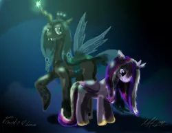 Size: 3850x2975 | Tagged: safe, artist:afl316, derpibooru import, princess cadance, queen chrysalis, changeling, changeling queen, abstract background, bruised, crying, duo, duo female, fangs, female, floppy ears, high res, image, jpeg, looking down, open mouth, raised hoof, signature, slit eyes, standing
