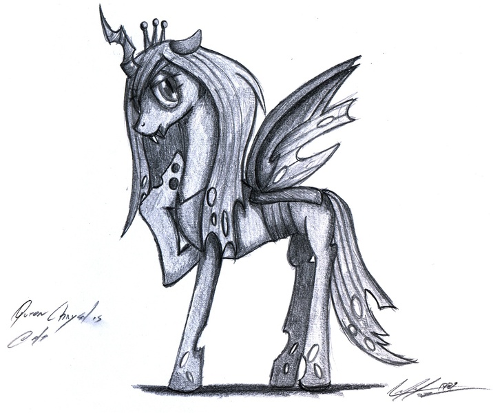 Size: 1535x1286 | Tagged: safe, artist:afl316, derpibooru import, queen chrysalis, changeling, changeling queen, fangs, female, floppy ears, image, jpeg, lidded eyes, looking at you, monochrome, raised hoof, shadow, signature, simple background, sketch, slit eyes, solo, standing, traditional art, white background