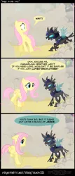 Size: 809x1894 | Tagged: safe, artist:tempo321, derpibooru import, derpy hooves, fluttershy, changeling, pegasus, pony, comic, disguise, disguised changeling, female, food, funny background event, hilarious in hindsight, jerk, mare, muffin, shapeshifting