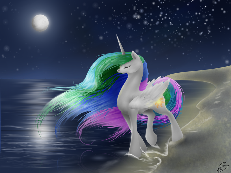 Size: 1600x1200 | Tagged: safe, artist:swanpl, derpibooru import, princess celestia, alicorn, pony, beach, eyes closed, female, folded wings, mare, moon, night, solo, water, windswept mane, wings