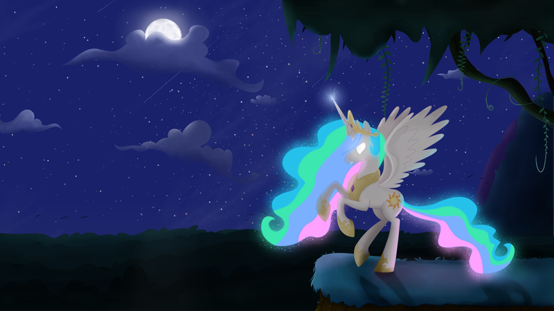 Size: 2560x1440 | Tagged: artist:regolithx, derpibooru import, glowing eyes, magic, moon, night, princess celestia, rearing, safe, solo, stars