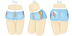 Size: 1280x640 | Tagged: safe, artist:steffy-beff, derpibooru import, rainbow dash, human, ass, clothes, design, dolphin shorts, female, human coloration, humanized, image, jpeg, leg focus, multicolored bottomwear, posing for photo, shorts, side slit, solo, solo female, tomboy