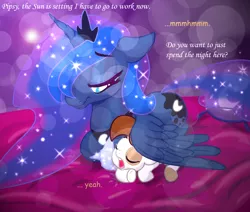 Size: 1024x870 | Tagged: artist:gavalanche, bed, comic sans, cute, date night, derpibooru import, eyes closed, female, lunapip, male, pipsqueak, princess luna, safe, shipping, sleeping, sparkles, straight, wing blanket