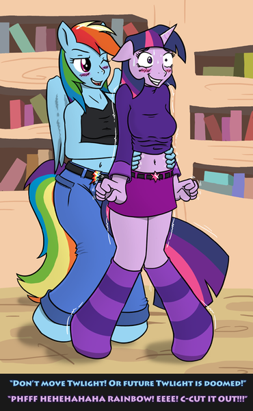 Size: 539x874 | Tagged: suggestive, artist:caroo, derpibooru import, rainbow dash, twilight sparkle, anthro, unguligrade anthro, belly button, belt, blushing, breasts, clothes, dialogue, female, females only, frozen, lesbian, midriff, shipping, shirt, shirt lift, short shirt, skirt, socks, striped socks, teasing, tickling, twidash