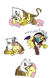 Size: 750x1100 | Tagged: safe, artist:mickeymonster, derpibooru import, discord, fluttershy, gilda, draconequus, gryphon, pegasus, pony, and then discord was a man, crack shipping, cute, female, gildadorable, gildashy, lesbian, lesbian in front of boys, nuzzling, shipping, shyabetes