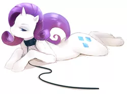 Size: 922x677 | Tagged: artist:verrrrry, bedroom eyes, blushing, collar, come hither, derpibooru import, female, femsub, leash, looking at you, pose, prone, raised tail, rarity, simple background, smiling, solo, solo female, submissive, suggestive