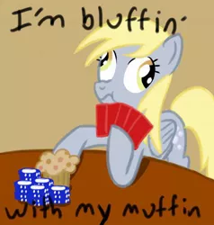 Size: 500x526 | Tagged: safe, artist:enigmocracy, derpibooru import, derpy hooves, pegasus, pony, artifact, card, female, food, lady gaga, mare, muffin, playing card, poker, poker chips, poker face (song), pokerface, scrunchy face, solo, song reference