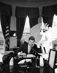 Size: 249x321 | Tagged: safe, artist:rotterdogproductions, derpibooru import, princess celestia, human, pony, american presidents, clothes, flag, irl, irl human, john f. kennedy, necktie, phone, photo, ponies in real life, president, suit, telephone, vector