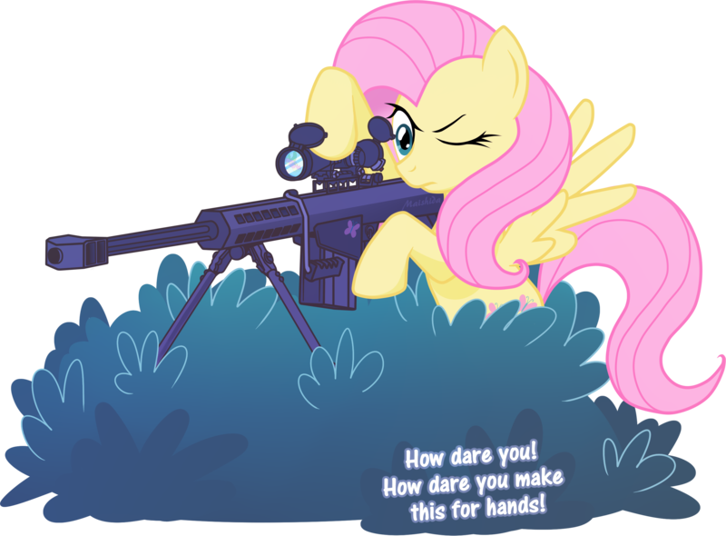 Size: 2625x1935 | Tagged: safe, artist:maishida, derpibooru import, fluttershy, pegasus, pony, barrett, bipedal, bush, female, flutterbadass, gun, hooves, m82a3, mare, one eye closed, optical sight, rifle, simple background, sniper, sniper rifle, snipershy, solo, spread wings, text, transparent background, weapon, wings